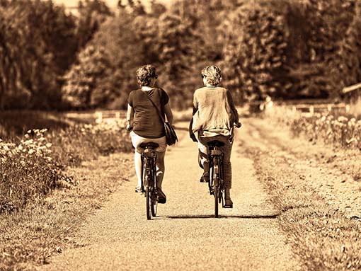 女性二人が自転車で道を並走している画像