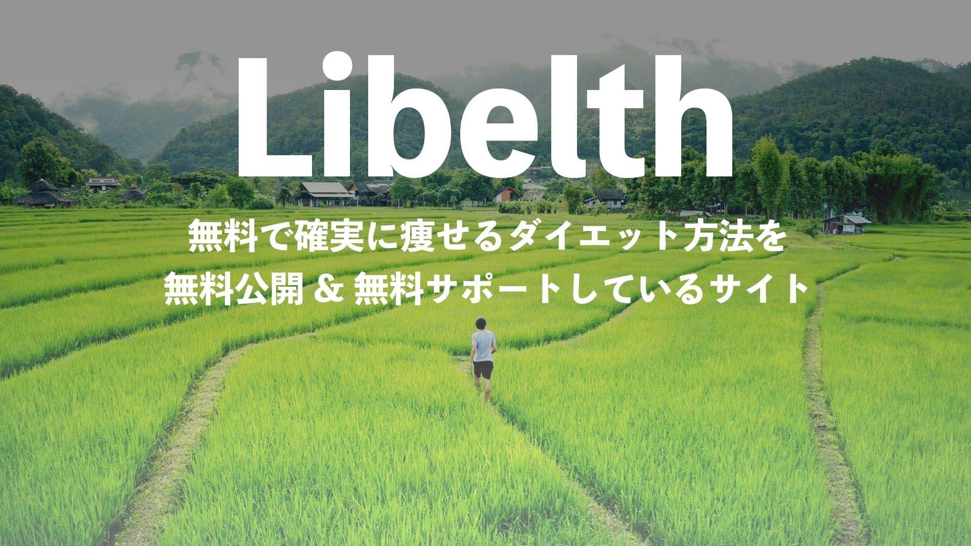 田園の中を山に向けて歩く男性の画像
